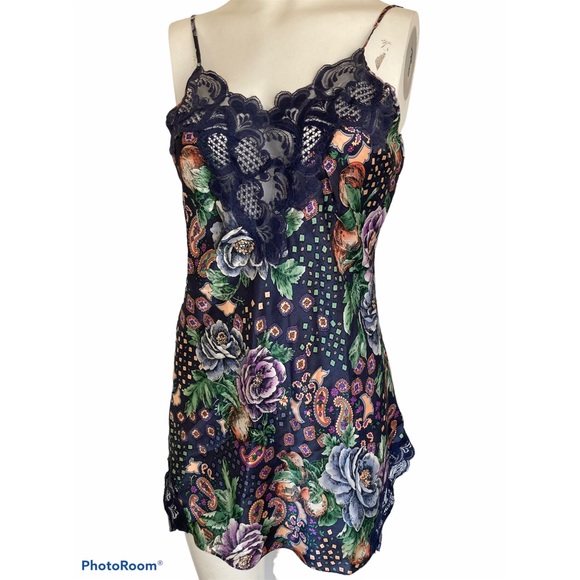Vintage Victoria's Secret Gold Label Satin Floral Slip Chemise Navy  Lace Sz M - Picture 4 of 7